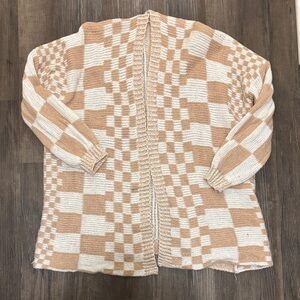 Open-Front Checker Knit Cardigan Sweater - Cream & Tan